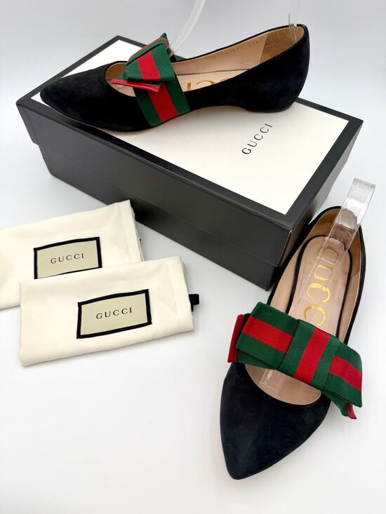 Gucci Shoes - Gucci Web Stripe Sylvie Bow Ballet Flats Black Suede Size 37.5 / 7.5 Red Green